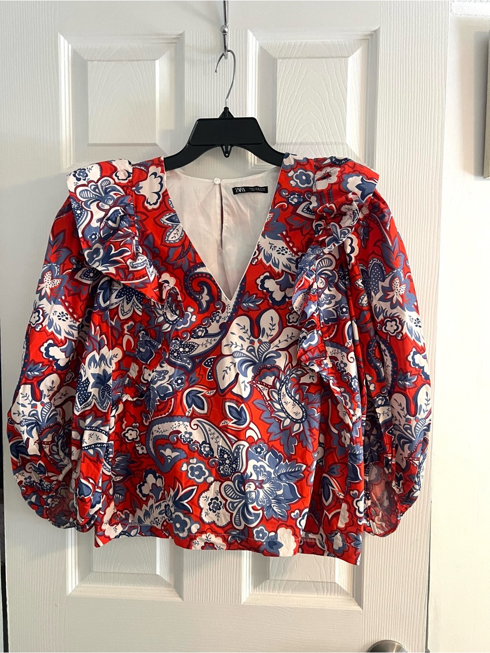 Zara Red Floral Paisley Ruffle V-Neck Blouse